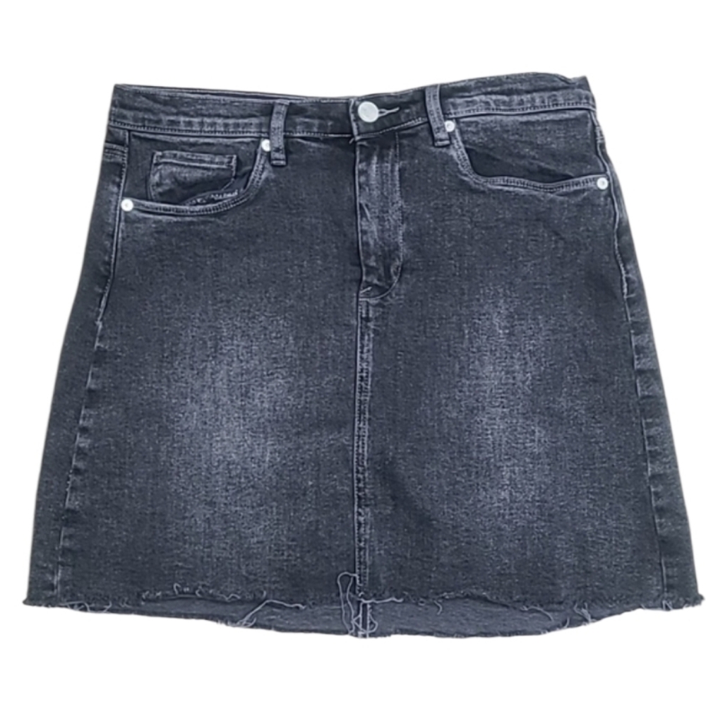 Blank NYC Black Faded Wash Raw Hem Denim Mini Skirt
